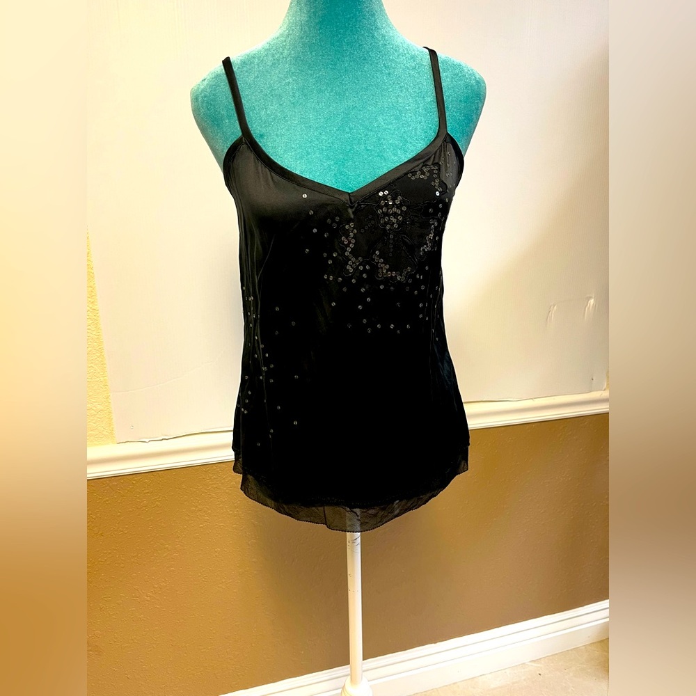 Black Sequin Mesh Cami Top – Floral Embellished | Size M | Y2K‎ Party Glam